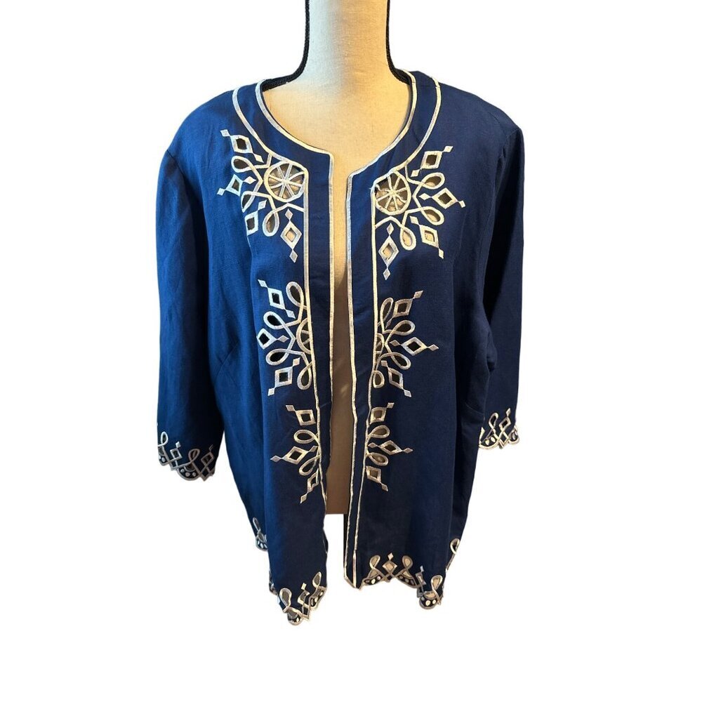 Bob Mackie Blue Linen Blend Jacket Open White Embroidered Hem & Cuffs Size 2X - Picture 1 of 6